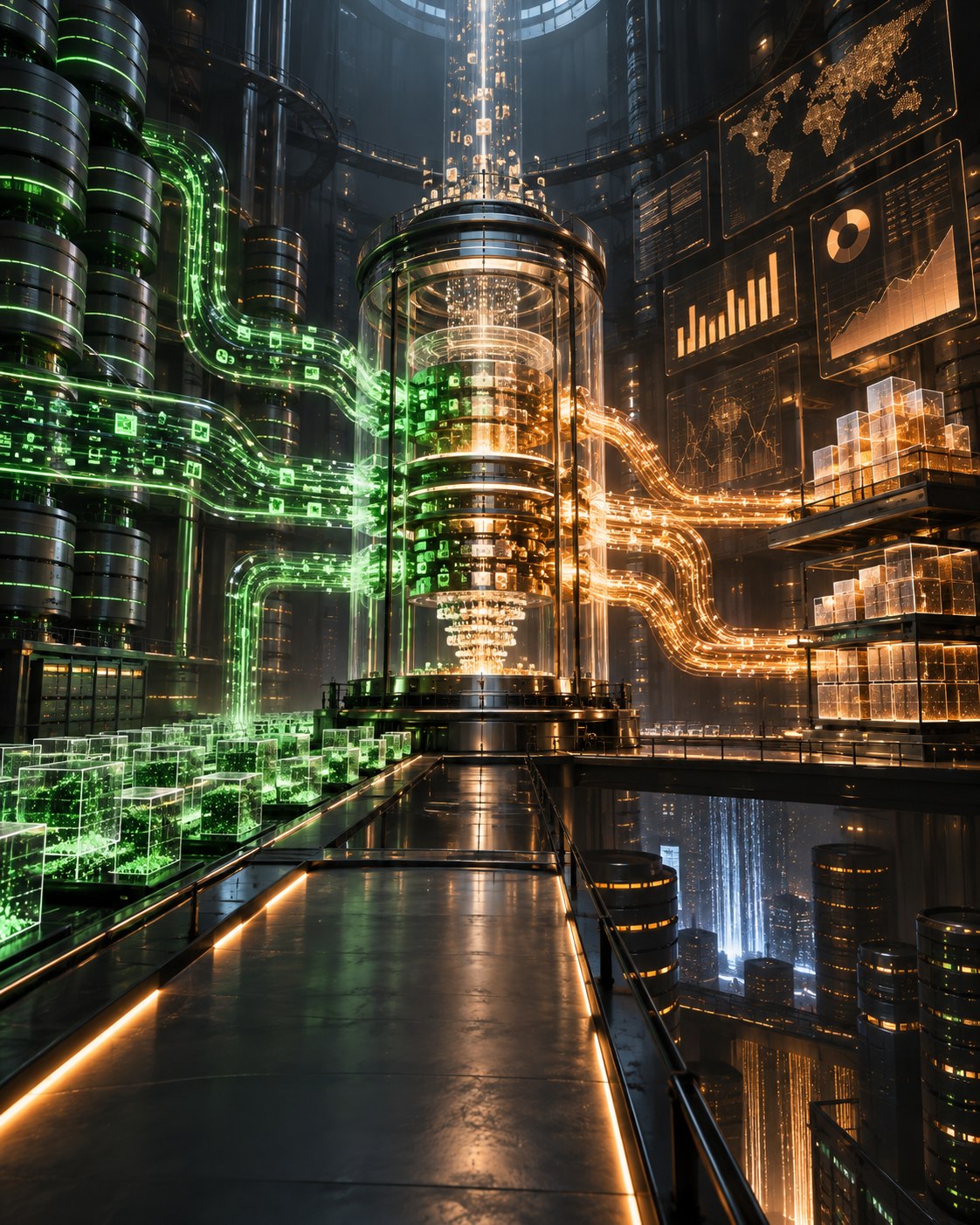 Monumentale Datenarchitektur mit ETL-Strömen, Datenbanken und Business-Intelligence-Ebenen